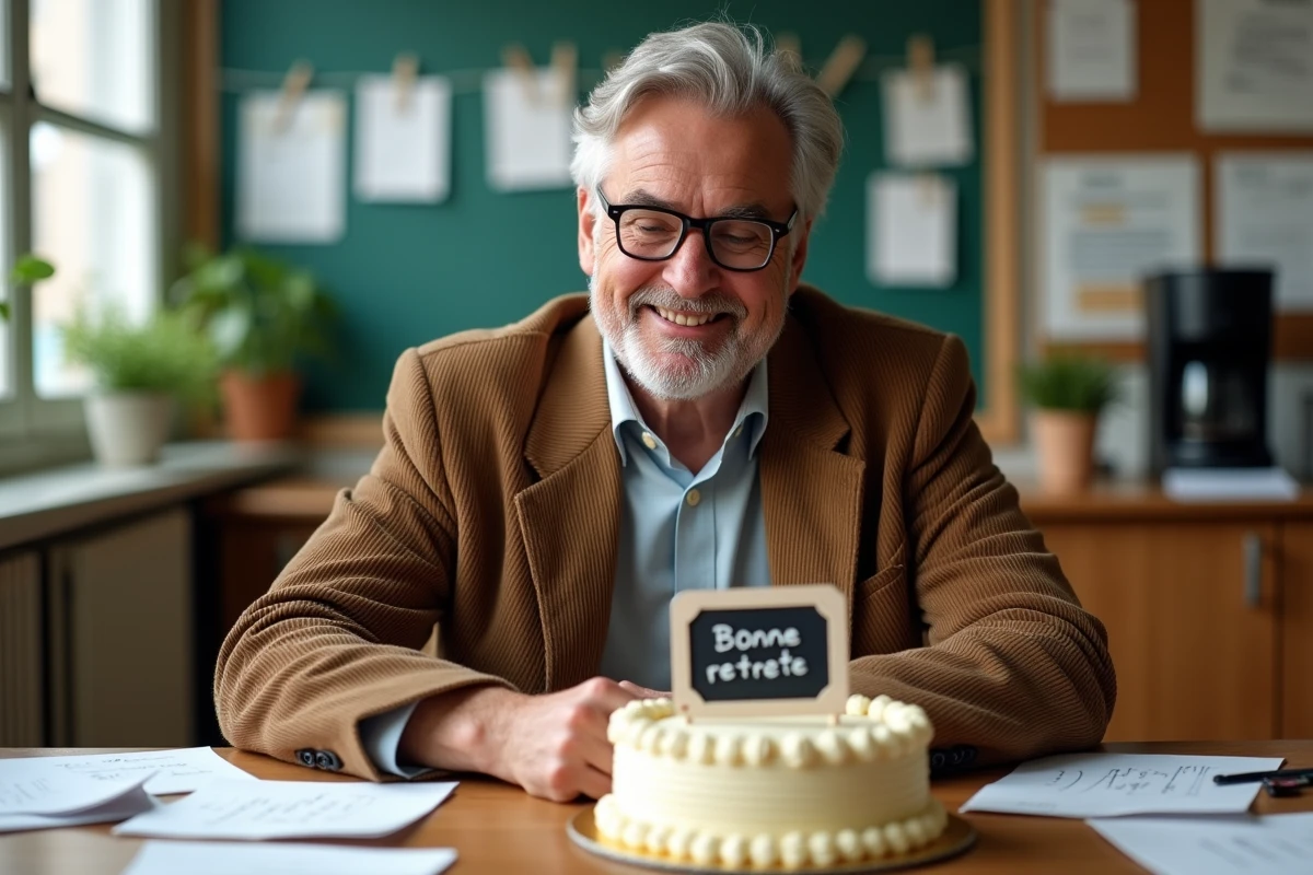 Professeur à la retraite lisant des cartes humoristiques de départ dans la salle des professeurs entouré de cadeaux et de gâteau