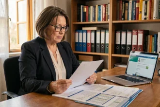 Professeure agrégée à la retraite étudiant ses documents de pension et grilles indiciaires à son bureau à domicile