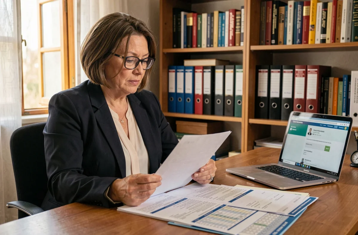 Professeure agrégée à la retraite étudiant ses documents de pension et grilles indiciaires à son bureau à domicile