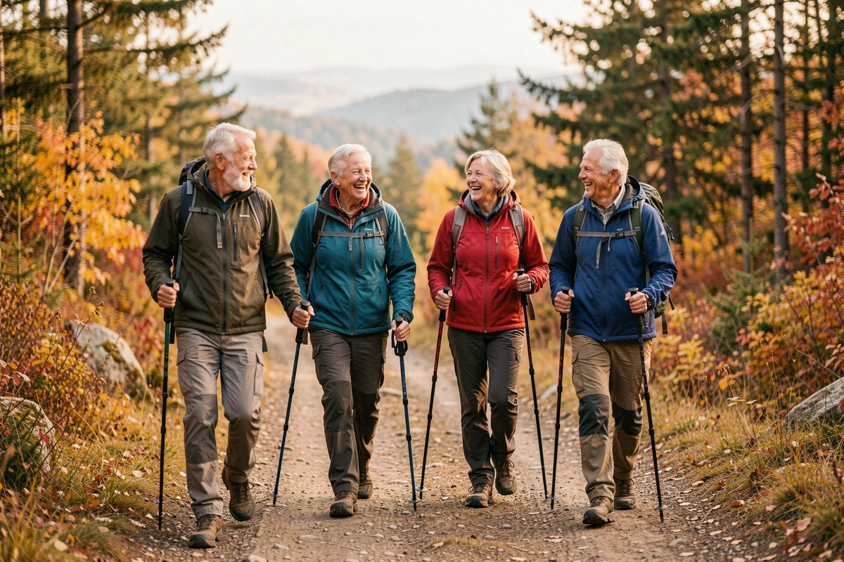 Groupe de seniors célibataires qui randonnent ensemble en forêt automnale, souriant et discutant sur un sentier de montagne