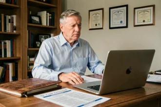 Homme de plus de 60 ans assis devant un bureau couvert d'offres d'emploi et d'un ordinateur portable, symbolisant la recherche d'emploi après 60 ans et les obligations liées au chômage