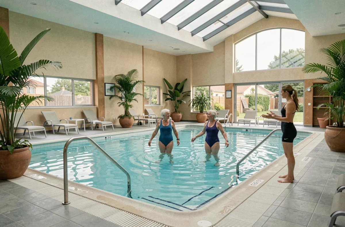 Piscine intérieure de la résidence Aquarelia à Savigny-le-Temple avec séance d'aquagym pour seniors
