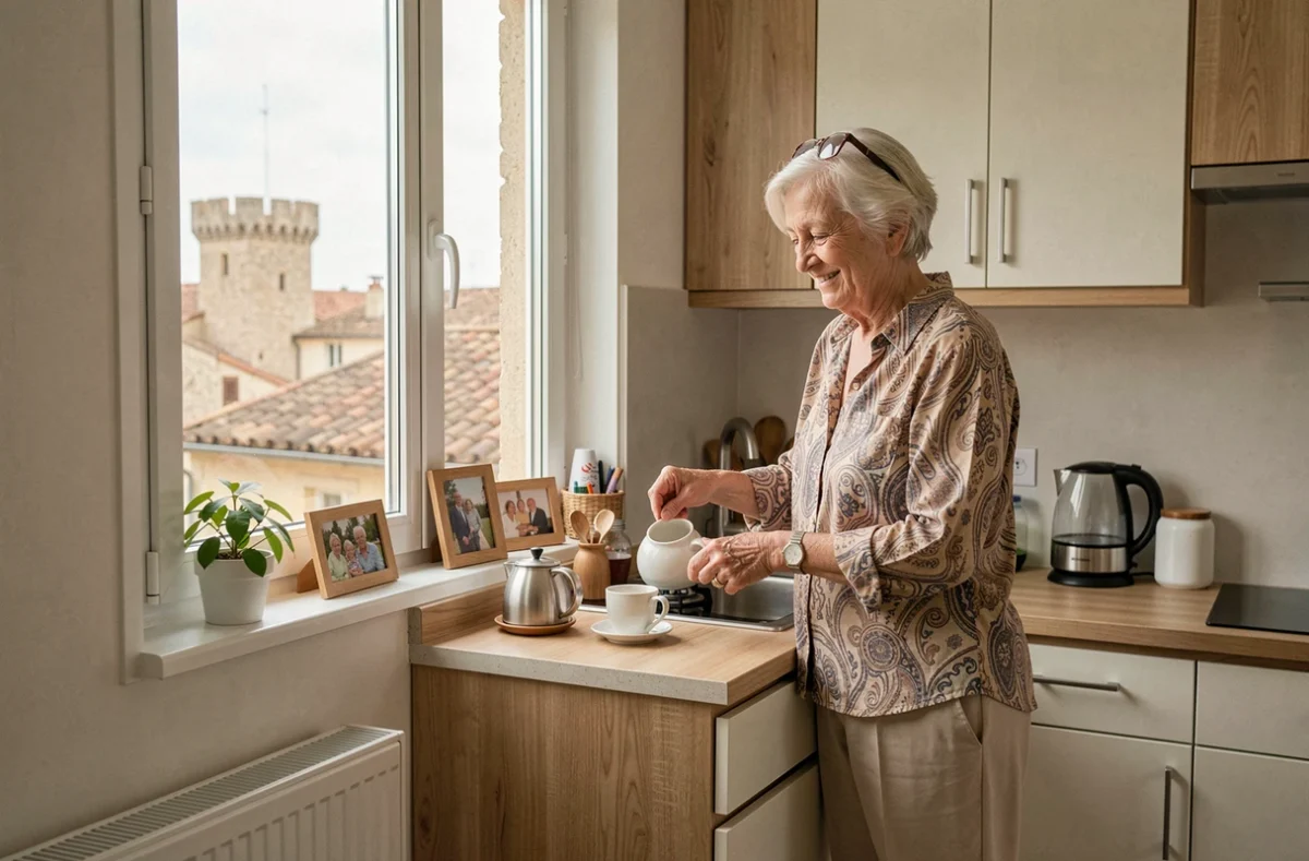 Résidente autonome préparant son thé dans son appartement lumineux de la Résidence autonomie Lou Castellas à Uzès, avec vue sur les toits médiévaux de la ville