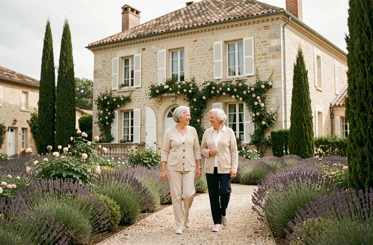 Deux résidentes âgées se promenant dans le jardin de la Résidence Château Notre-Dame à Parignargues, devant une façade en pierre calcaire