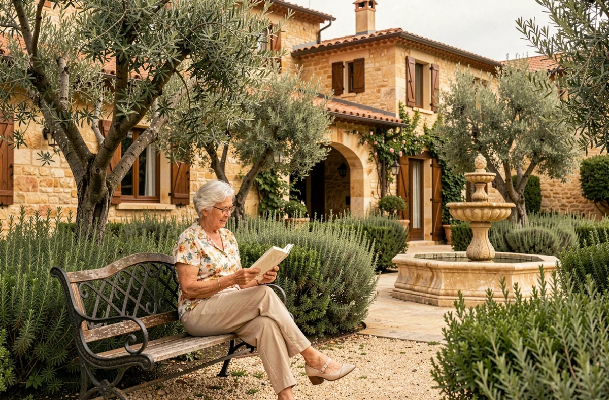 Résidente âgée lisant dans le jardin provençal de la Résidence la Garance à Villeneuve-lès-Avignon, entourée d'oliviers et d'une fontaine en pierre