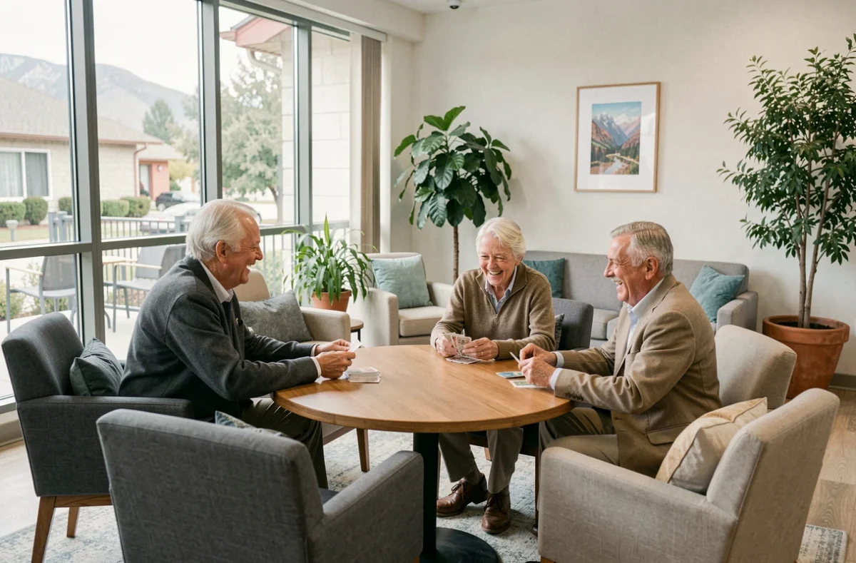 Espace commun convivial de la résidence senior Montana à Bussy avec des résidents jouant aux cartes ensemble