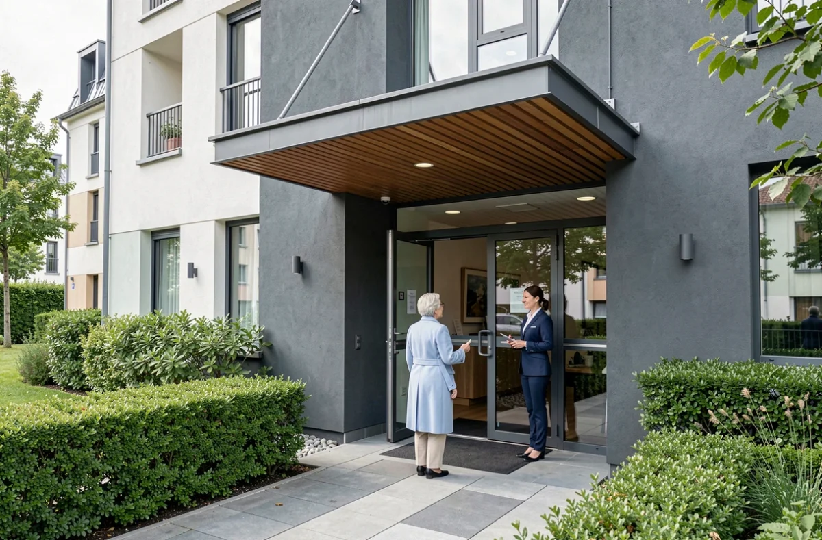 Entrée moderne de la Résidence Services Seniors de Chelles avec une résidente accueillie par une aide-soignante