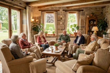 Résidents seniors discutant dans un salon commun chaleureux d'une résidence en Bourgogne-Franche-Comté