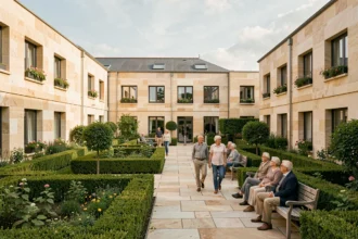 Vue d'ensemble d'une résidence senior en Seine-et-Marne avec jardins soignés et seniors se promenant dans la cour