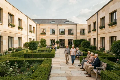 Vue d'ensemble d'une résidence senior en Seine-et-Marne avec jardins soignés et seniors se promenant dans la cour