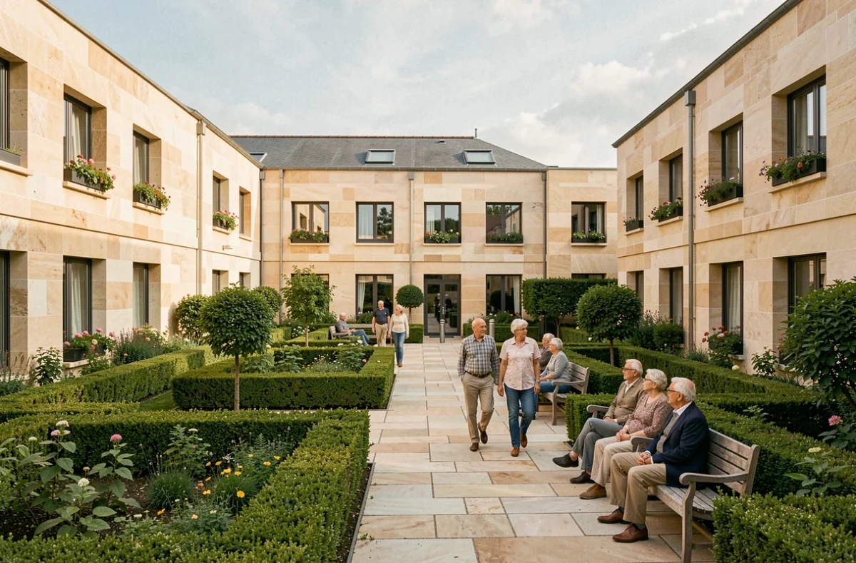 Vue d'ensemble d'une résidence senior en Seine-et-Marne avec jardins soignés et seniors se promenant dans la cour