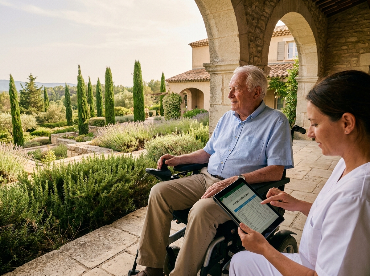 Un résident en maison de retraite dans le Var consulte les tarifs avec une aide-soignante sur terrasse
