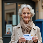 Carte senior : les meilleurs endroits pour l’acheter en France Femme senior souriante montrant sa carte de retrait devant une poste