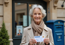Femme senior souriante montrant sa carte de retrait devant une poste