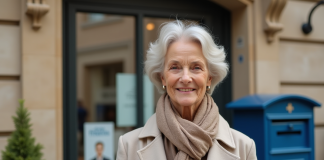 Femme senior souriante montrant sa carte de retrait devant une poste