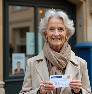 Femme senior souriante montrant sa carte de retrait devant une poste