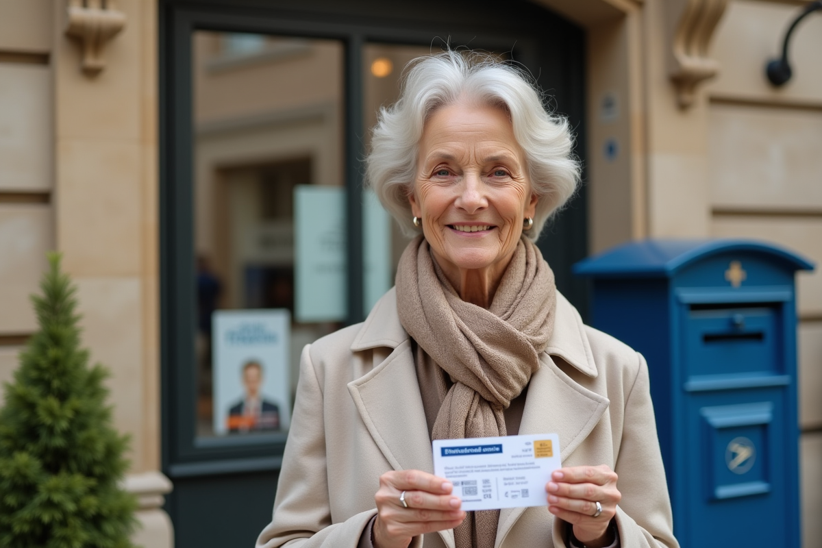 Femme senior souriante montrant sa carte de retrait devant une poste