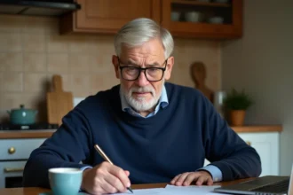 Futur retraité de 63 ans consultant ses documents de retraite Agirc-Arrco à la table de cuisine