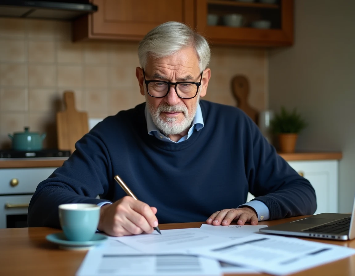 Futur retraité de 63 ans consultant ses documents de retraite Agirc-Arrco à la table de cuisine