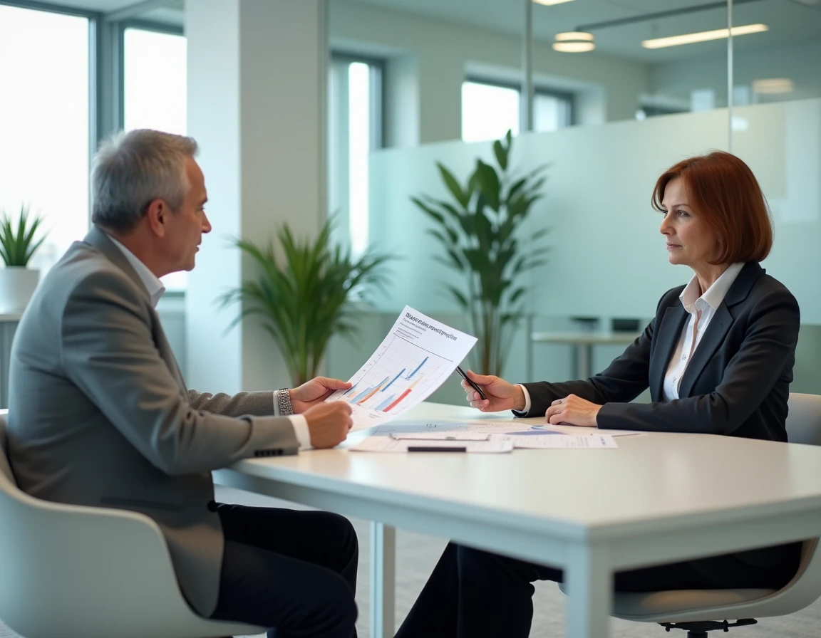 Femme de 60 ans en rendez-vous avec un conseiller pour préparer sa retraite complémentaire Agirc-Arrco