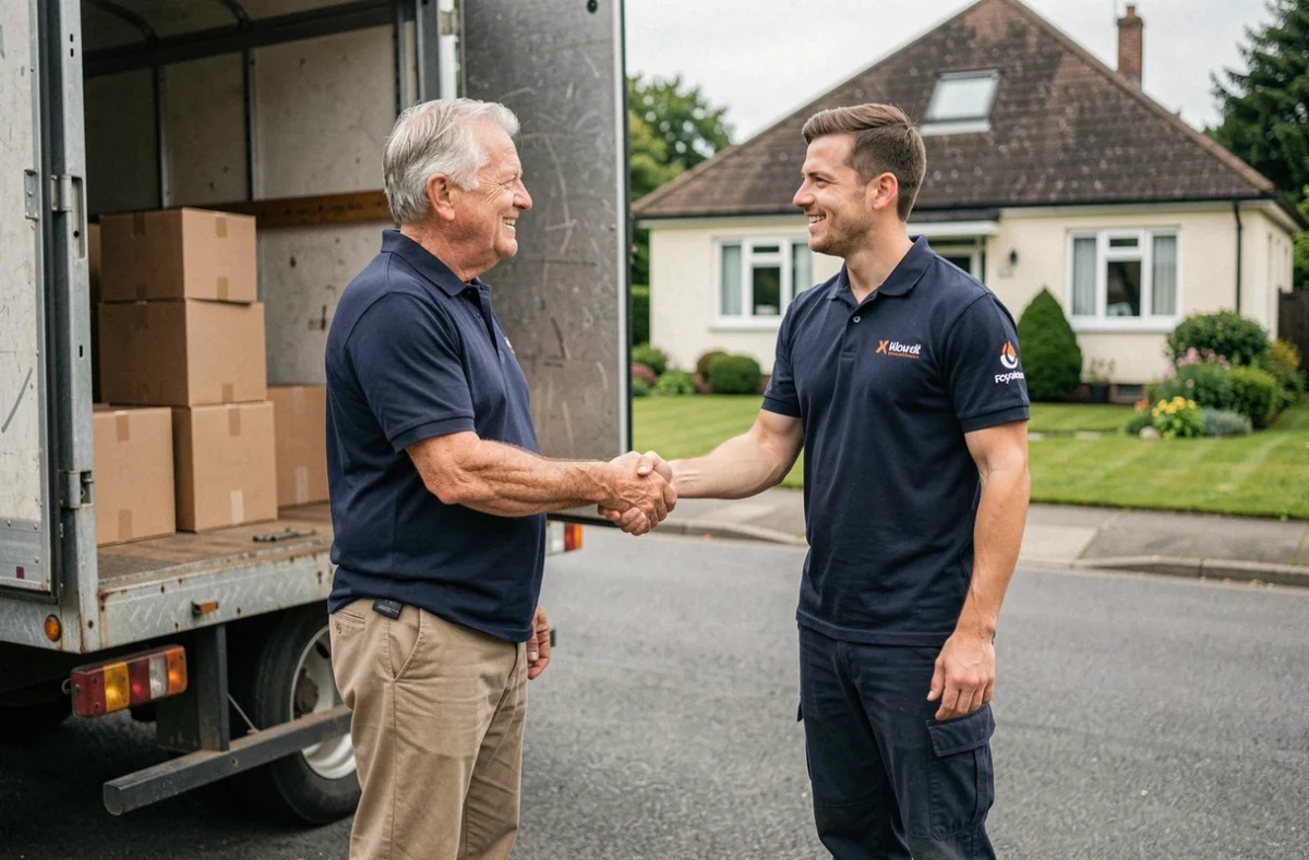 Retraité serrant la main d'un déménageur professionnel devant un camion de déménagement dans une rue résidentielle
