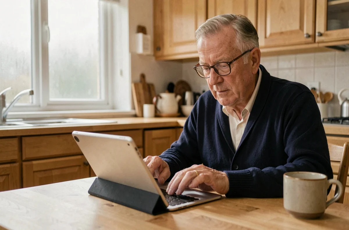 Retraité consultant son espace client Orange sur une tablette dans sa cuisine