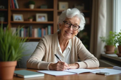 Femme senior souriante écrivant une lettre de retraite dans un salon chaleureux