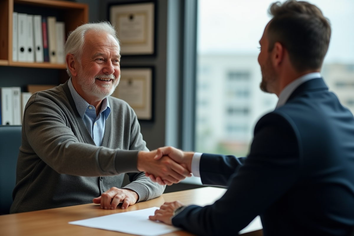 Homme âgé et notaire serrent la main lors de la signature d
