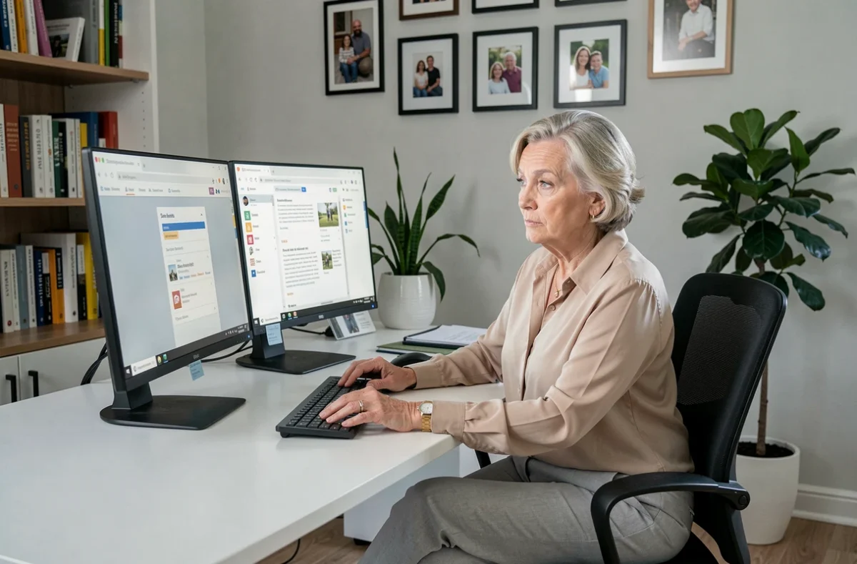 Retraitée comparant le kiosque Orange retraités et l'espace client classique sur ordinateur