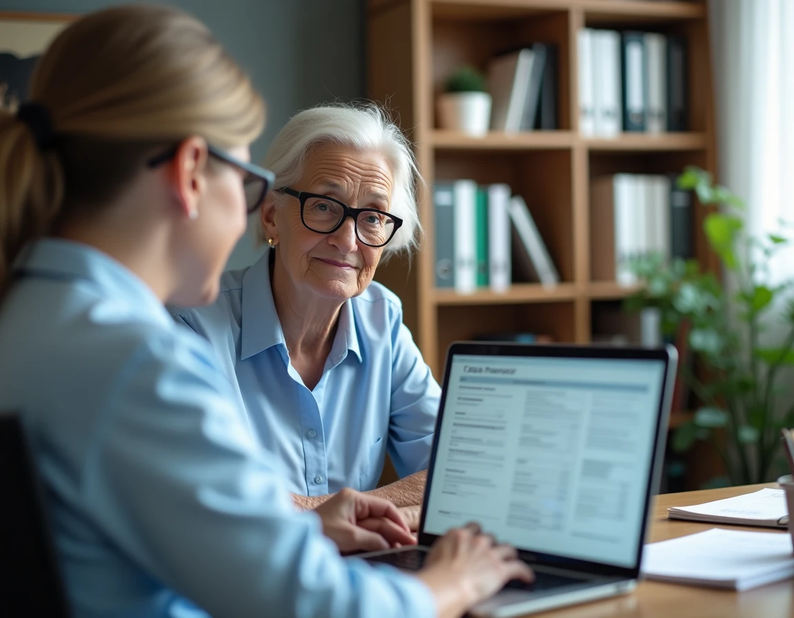 Retraitée en consultation avec un conseiller fiscal pour comprendre l'abattement de 10% sur sa pension