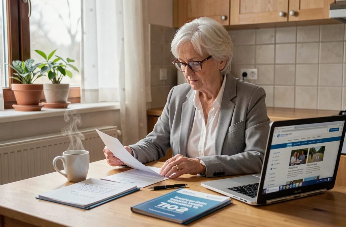 Femme retraitée consultant des documents administratifs pour une demande d'aide au déménagement auprès de sa caisse de retraite