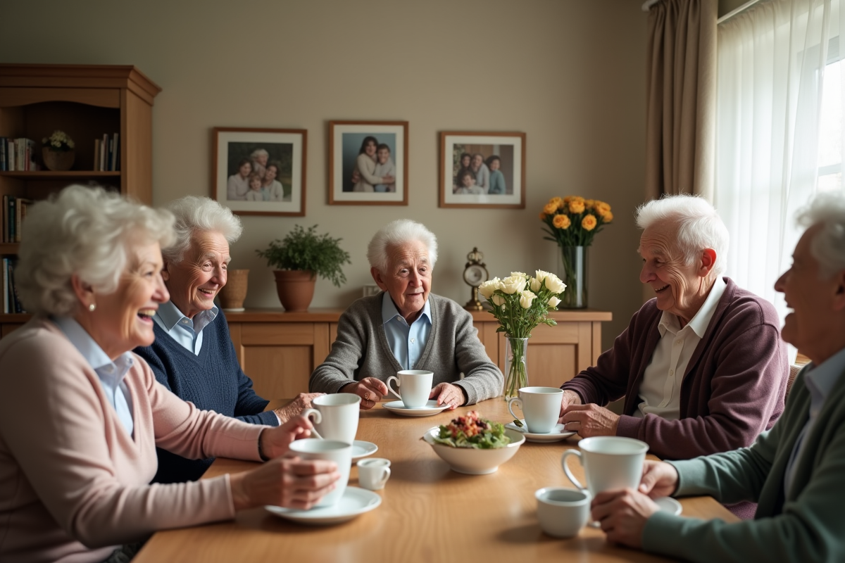 Groupe de seniors partageant un repas convivial à la maison