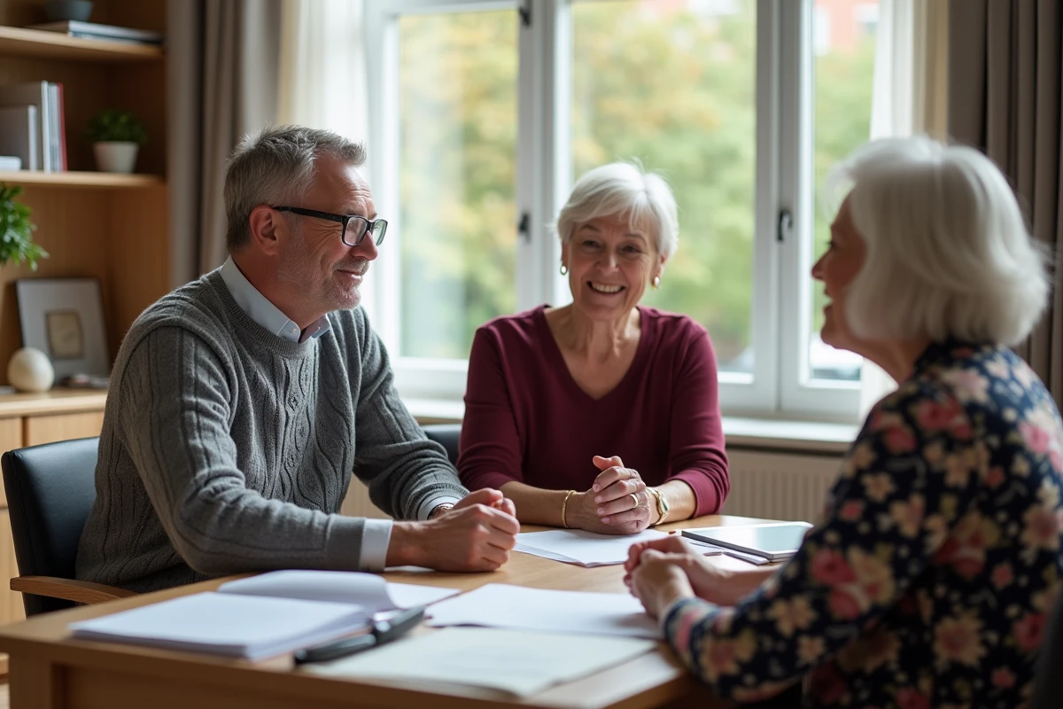 Une famille rencontre la directrice d'une résidence senior pour choisir un établissement adapté