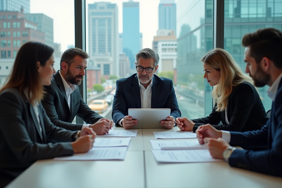 Groupe de professionnels discutant autour d