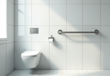Salle de bain moderne avec barre d'appui blanche lumineuse