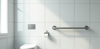 Salle de bain moderne avec barre d'appui blanche lumineuse