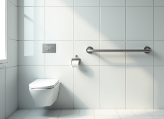 Salle de bain moderne avec barre d'appui blanche lumineuse
