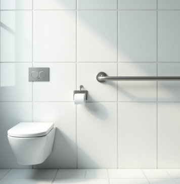 Salle de bain moderne avec barre d'appui blanche lumineuse