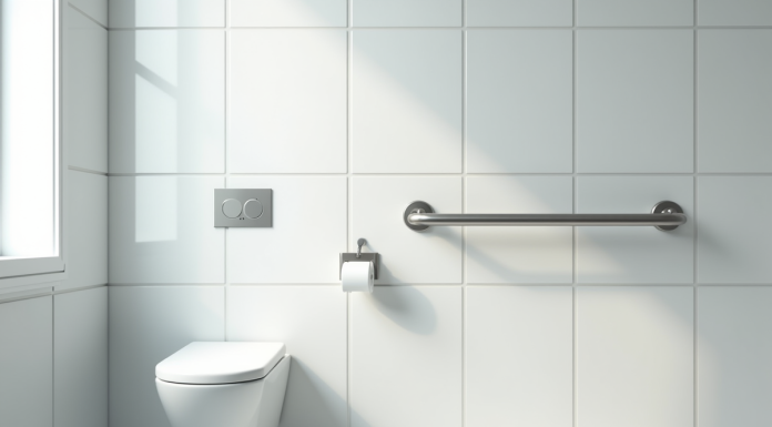 Salle de bain moderne avec barre d'appui blanche lumineuse