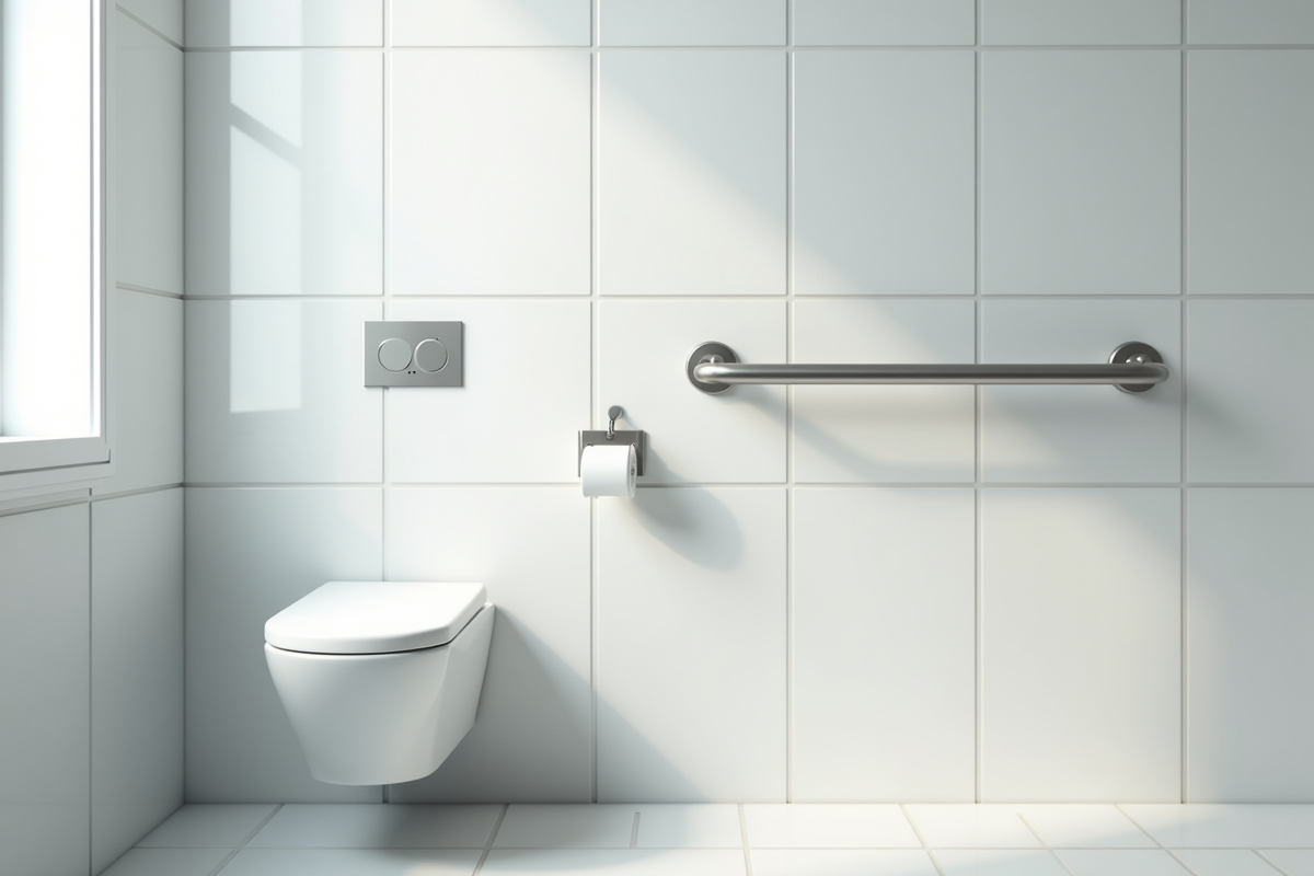 Salle de bain moderne avec barre d'appui blanche lumineuse