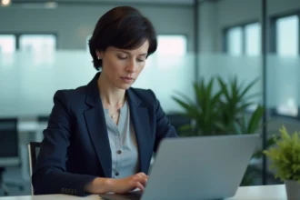 Femme professionnelle sécurisant un compte de gestion sur son ordinateur portable dans un bureau moderne