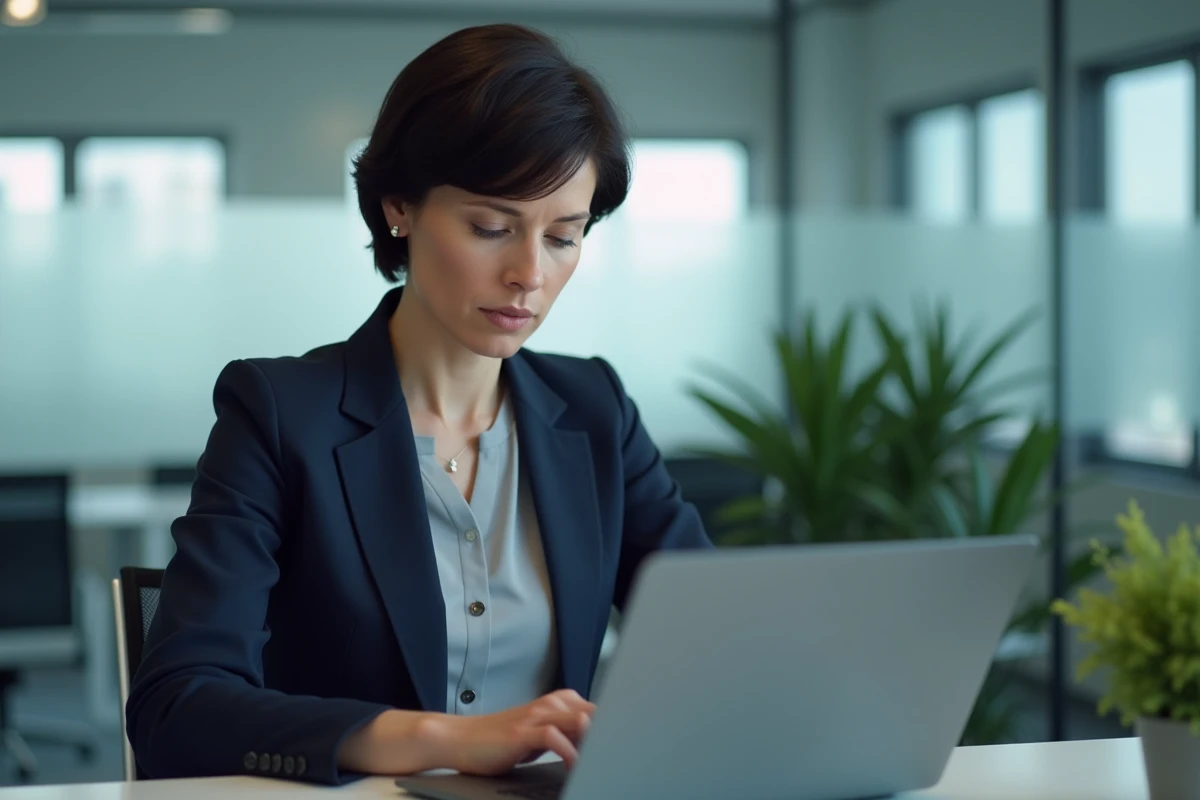 Femme professionnelle sécurisant un compte de gestion sur son ordinateur portable dans un bureau moderne