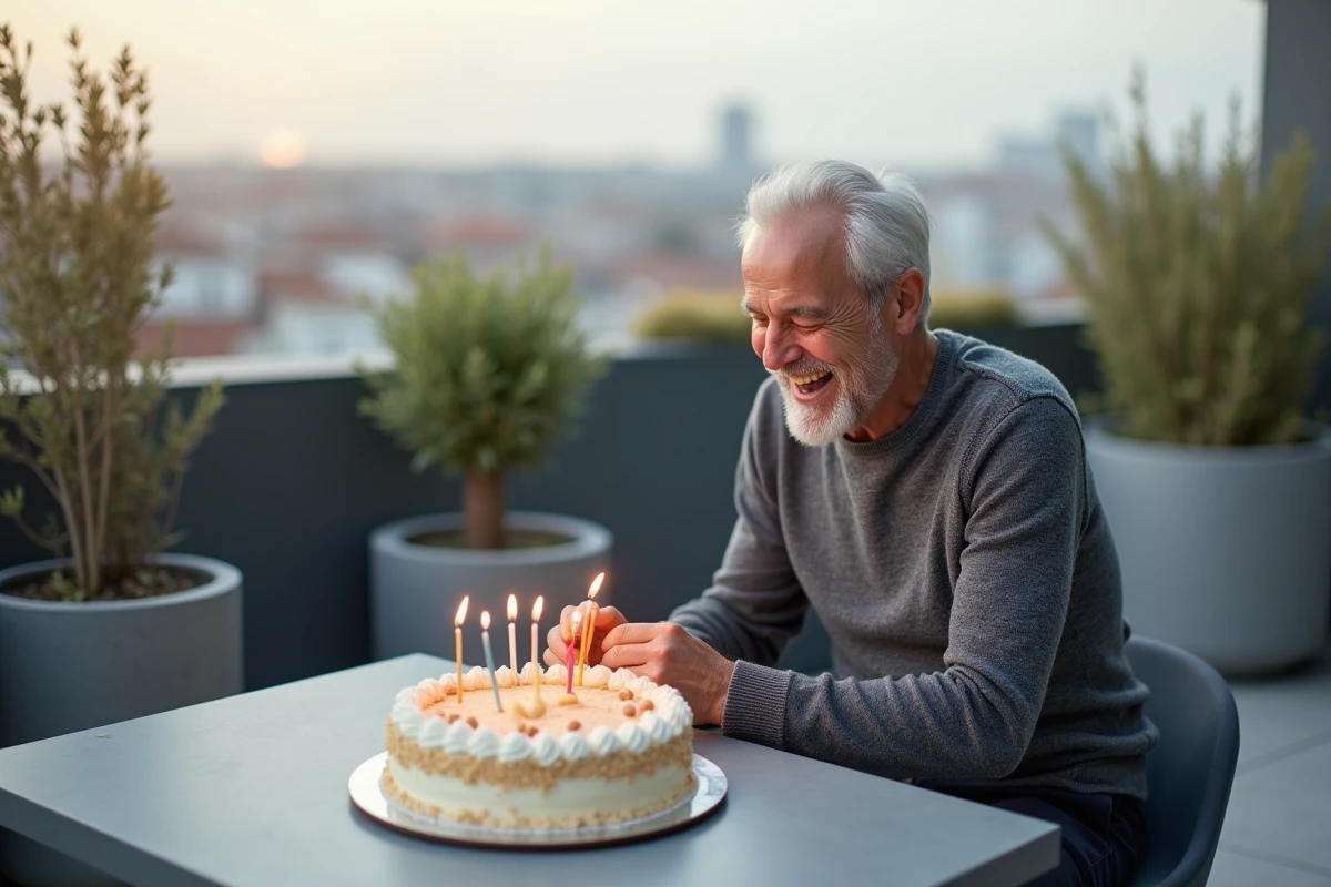 Senior élégant de 70 ans soufflant les bougies de son gâteau d'anniversaire sur une terrasse urbaine moderne