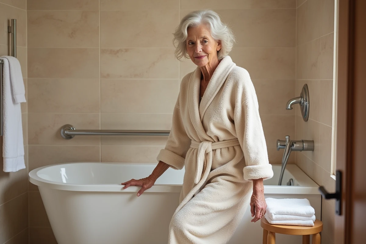 Femme senior utilisant une baignoire PMR à faible seuil avec siège moulé et barre d'appui murale dans une salle de bain chaleureuse