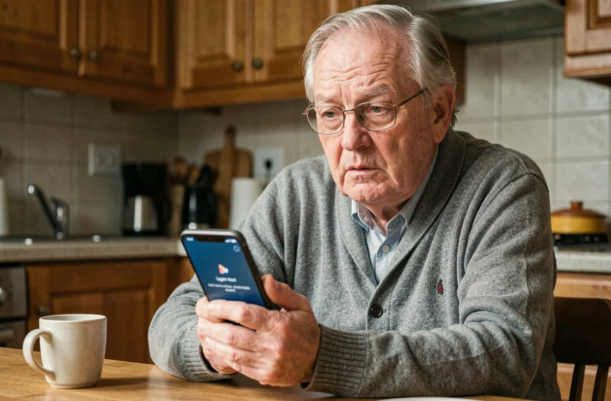 Homme senior tenant un smartphone affichant une erreur de connexion au compte Philia ADMR dans une cuisine domestique