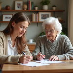 Tutelle pour personne âgée : comment la mettre en place ? Femme âgée et conseillère examinent des documents dans un salon chaleureux