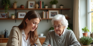 Femme âgée et conseillère examinent des documents dans un salon chaleureux