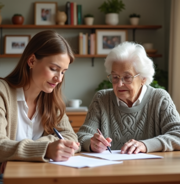 Femme âgée et conseillère examinent des documents dans un salon chaleureux