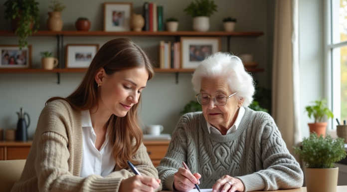 Tutelle pour personne âgée : comment la mettre en place ? Femme âgée et conseillère examinent des documents dans un salon chaleureux
