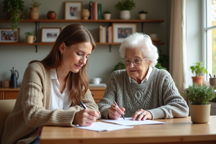 senior-femme-dossier-conseil Femme âgée et conseillère examinent des documents dans un salon chaleureux